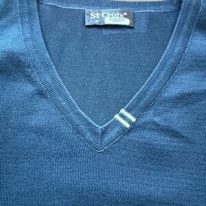 Men’s St Croix Blue V-Neck Knit Sweater with Decorative Stripes